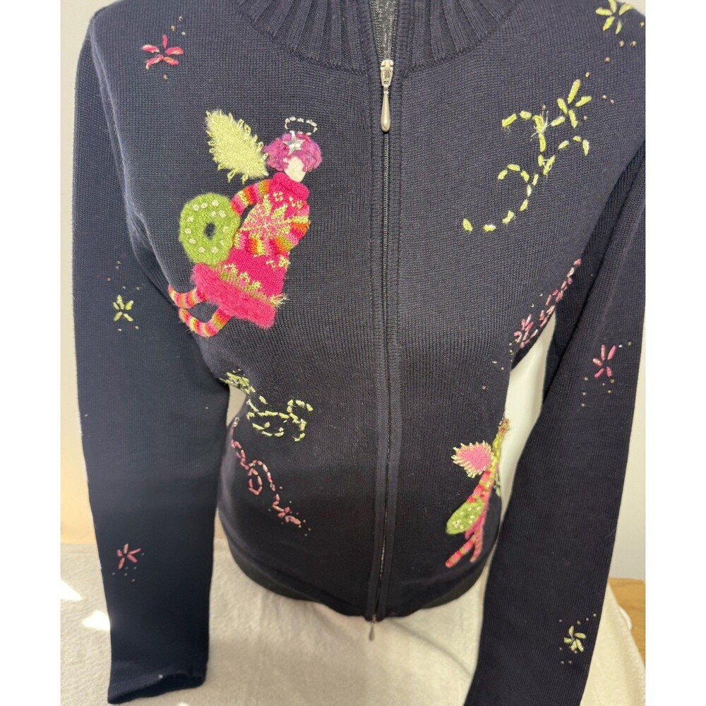 Vintage Talbots Beaded Christmas Zip Cardigan Sweater Small Angel Novelty